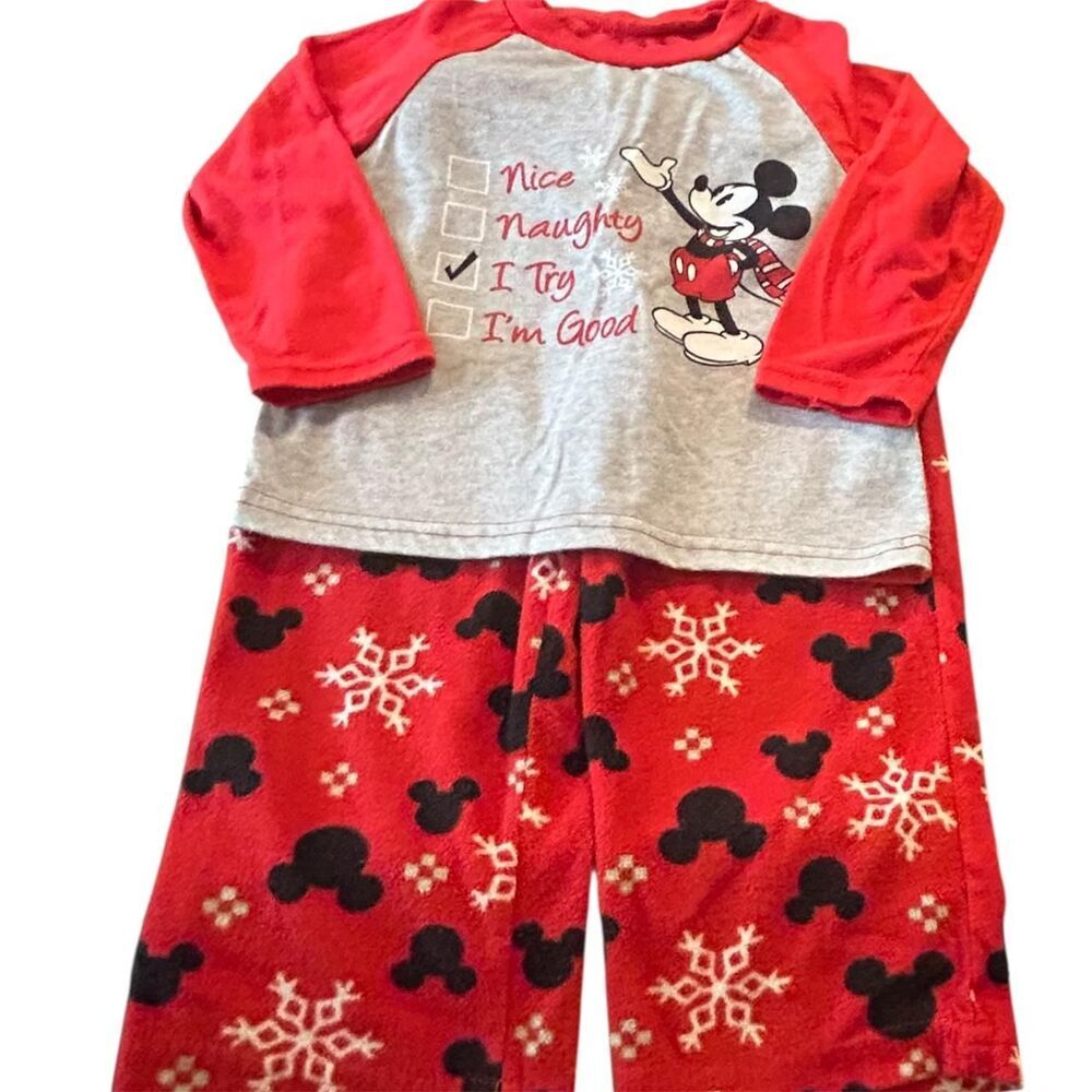 Disney Mickey Mouse Pajama Set Size 4T Gray Red Holiday Christmas I Try‎